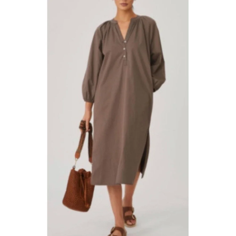 SUNDRY Raglan cotton Woven Henley long sleeve maxi sheath dress Brown Medium
